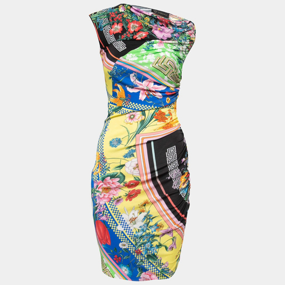 NWT VERSACE Iconic Floral Asymmetric Drape Ruched Bodycon Dress 0 US - 36  IT XXS